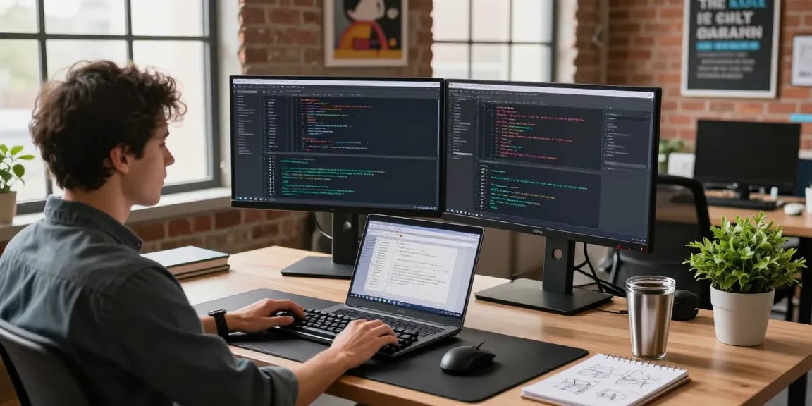 Dynamic software development workspace at https://factors.org.uk with programmer coding, dual monitors, and natural lighting.