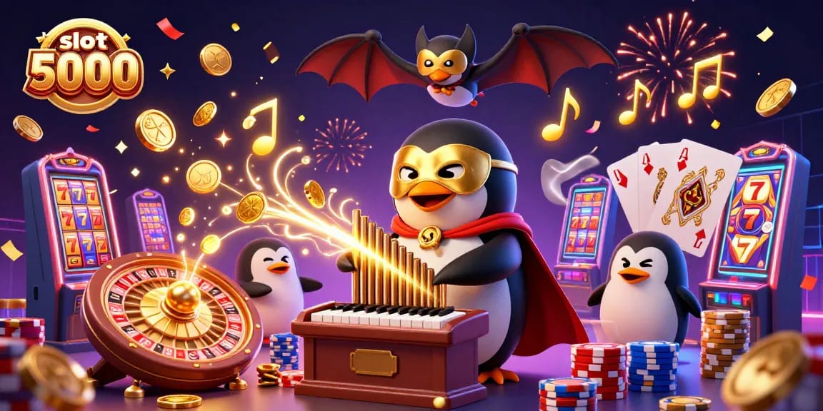 Experience excitement with the slot deposit 5000, showcasing a penguin playing coins and jackpots in a vibrant casino scene.