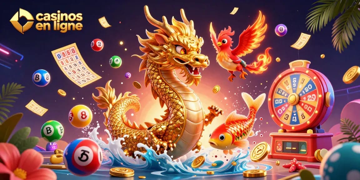 Rejoignez les casinos en ligne avec une illustration dynamique de jeux, dragons et cagnottes dorées.