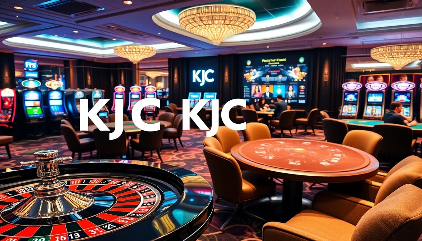 KJC casino scene with roulette and poker tables, showcasing luxury and excitement in gambling.
