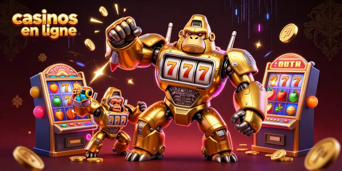 Illustration dynamique des casinos en ligne avec un gorille mech et des machines à sous riches en détails.