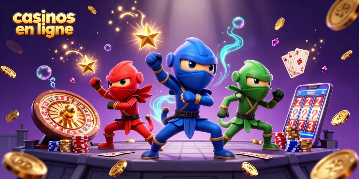 Jouez à des casinos en ligne avec des chameaux ninjas s'affrontant et des éléments de jeu scintillants.