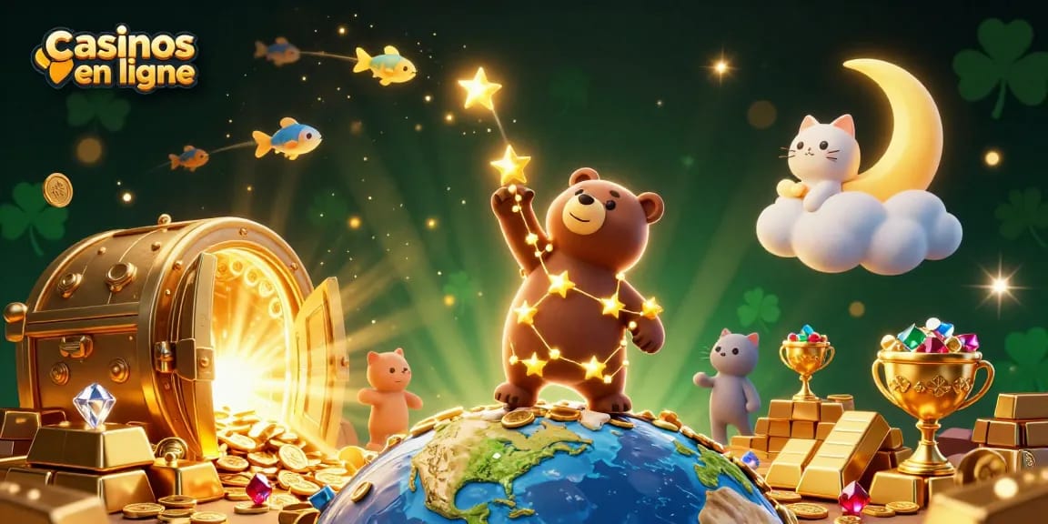 Plongez dans l'univers des casinos en ligne avec un ours constellation et des éléments de jeu éclatants.