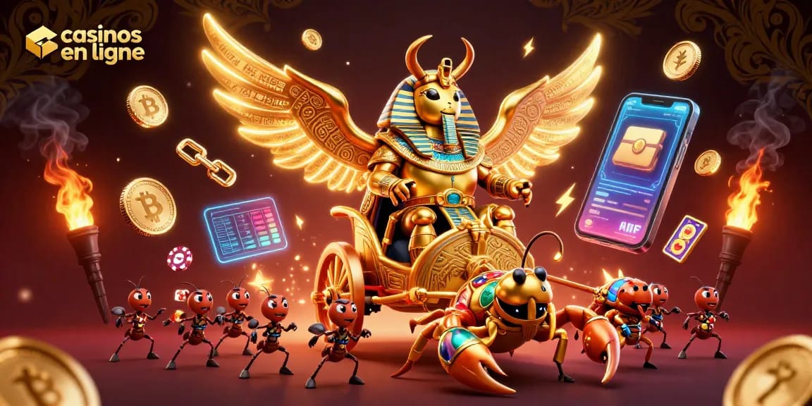 Gagnez aux casinos en ligne avec une illustration dynamique de héros du jeu et d'éléments de crypto-monnaie.