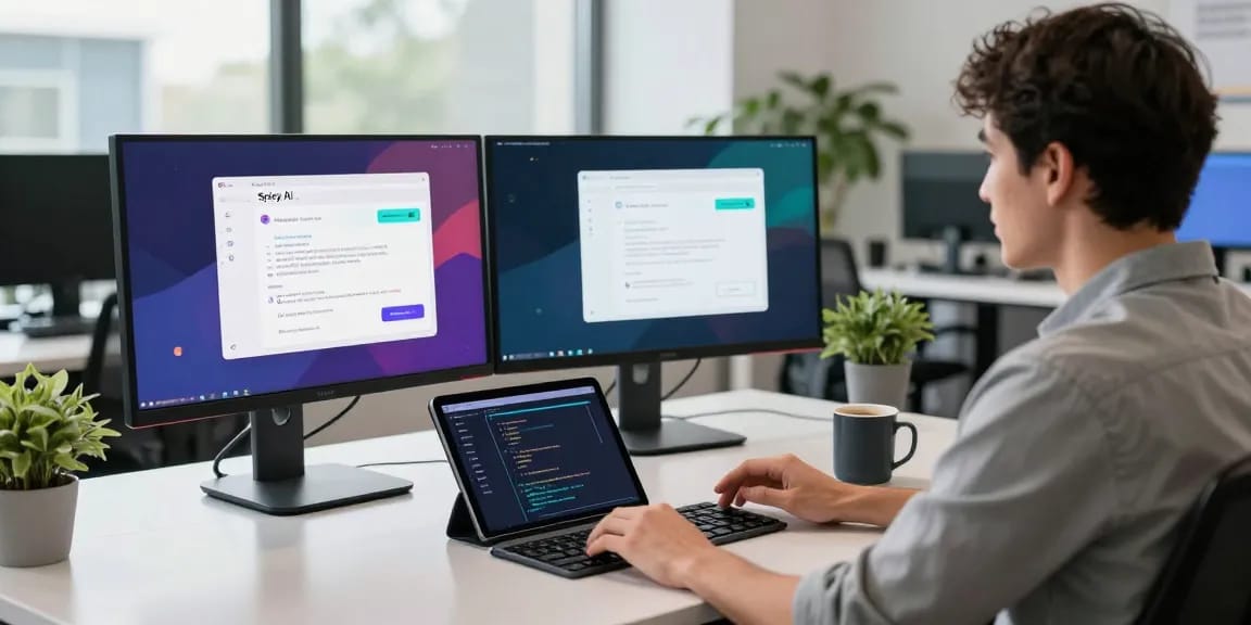 Engaging workspace with a developer using Spicy AI chatbot on multiple monitors, showcasing a modern tech atmosphere.