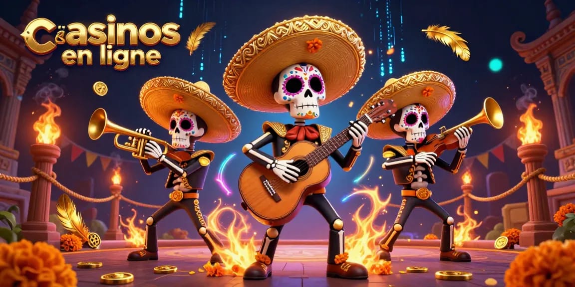 Jouer dans des casinos en ligne animés avec des squelettes mariachi colorés et des éléments de jeu trépidants.