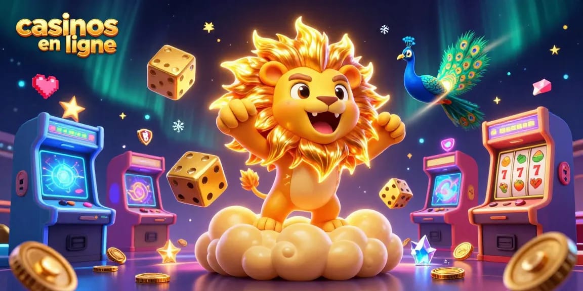 Jouez aux casinos en ligne avec un lion solaire et des éléments de jeux colorés.