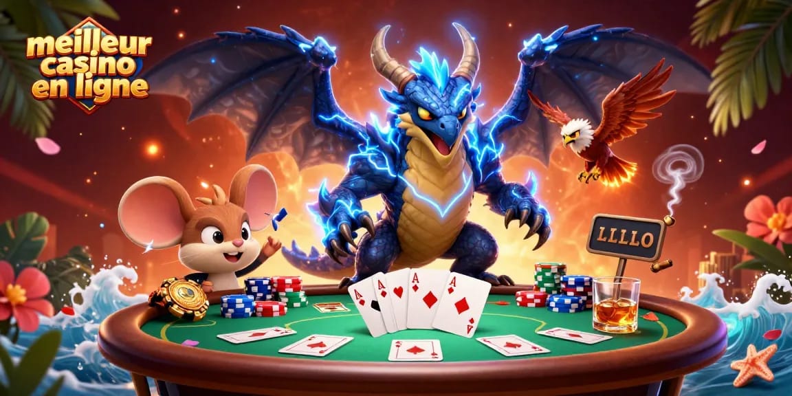 Visualisez le meilleur casino en ligne avec des créatures fantastiques et des éléments de poker colorés dans un décor captivant.