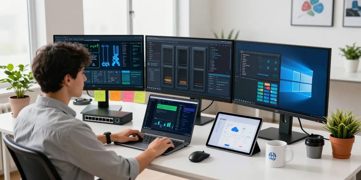 Configuración profesional de servidores vps windows en un entorno de oficina moderno.