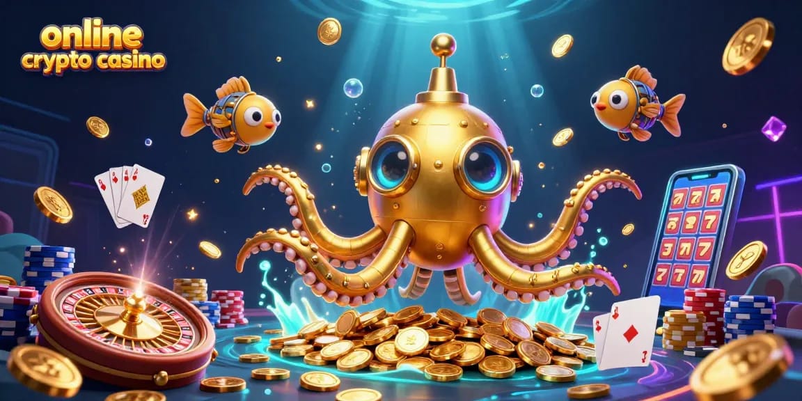 Gioca in un online crypto casino con l'entusiasmante kraken dorato circondato da monete e giochi d'azzardo.
