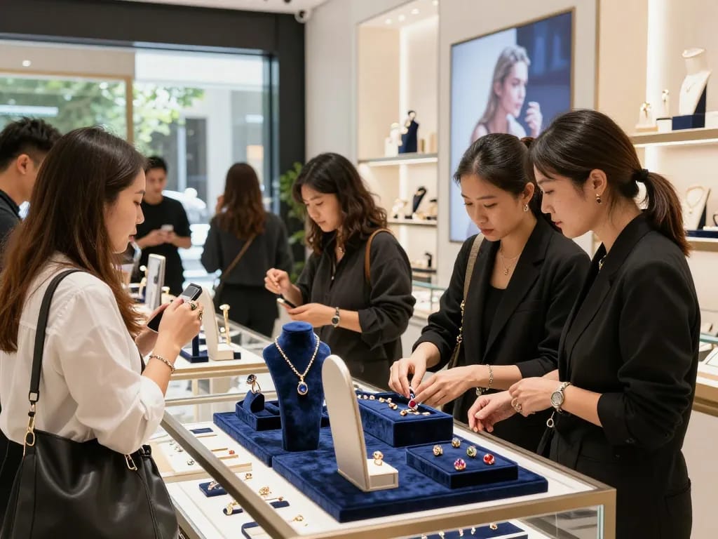 Engaging e-commerce shopping scene showcasing customers eager to click this for stunning jewelry.