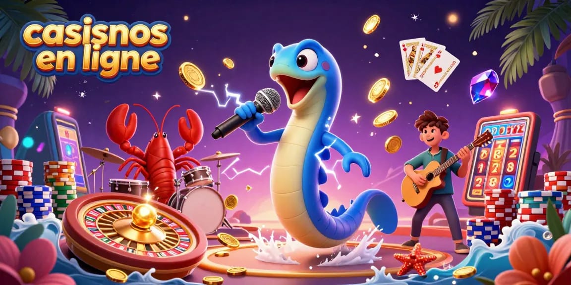 Vibrante illustration des casinos en ligne avec un anguille DJ, un drummer homard et un guitariste hippocampe.