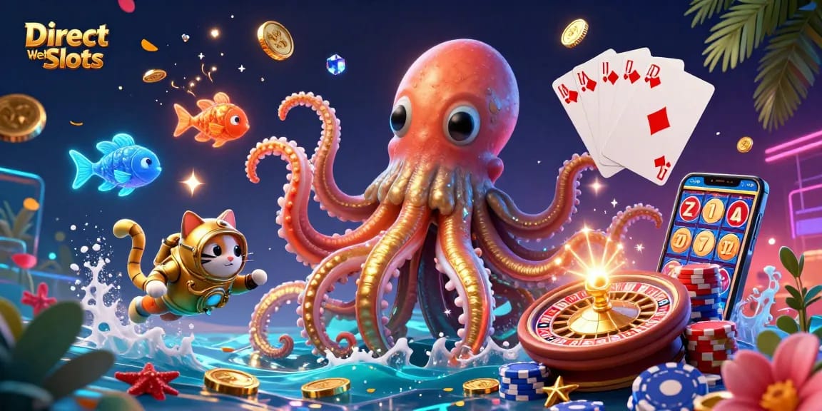 Play and win with Direct Web Slots, featuring a kraken and diving cat amidst dazzling casino elements.