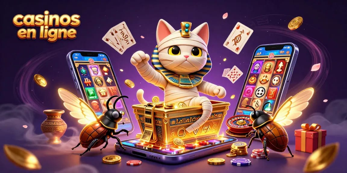 Jouer aux casinos en ligne avec un chat momie égyptien et des éléments de jeu dans une scène colorée.