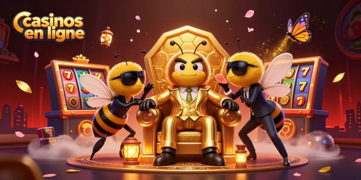 Illustration de casinos en ligne où un boss abeille dirige une salle de jeu animée avec des machines à sous victorieuses.