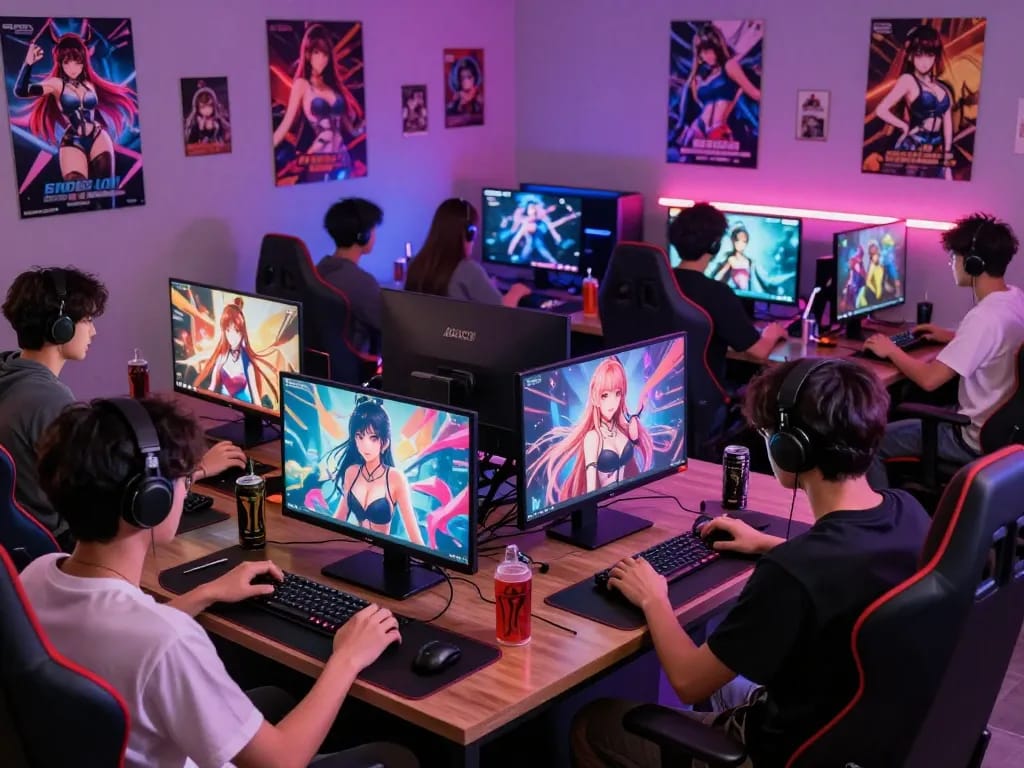 Group enjoying diverse hentai games online on their devices in a vibrant gaming lounge.