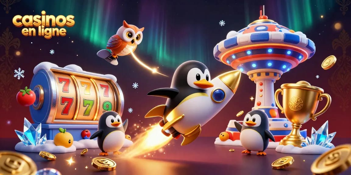 Une illustration dynamique de casinos en ligne mettant en scène un pingouin doré propulsé par une fusée.