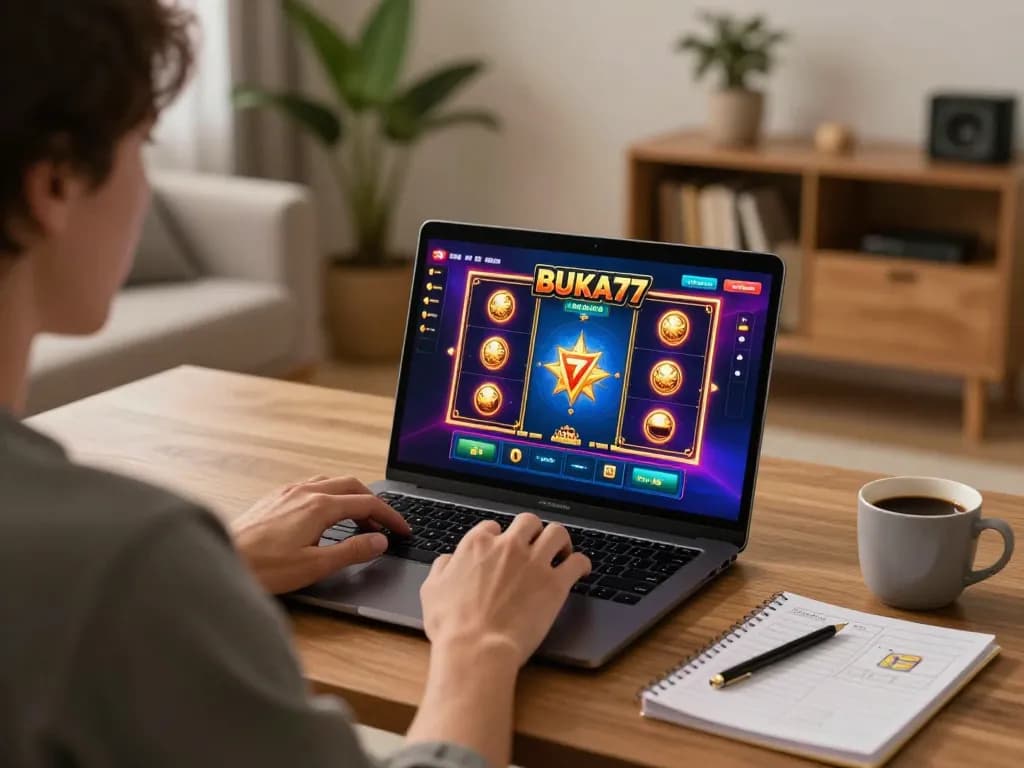 Engaging gameplay on BUKA77 slots at home with a person focused on strategy.