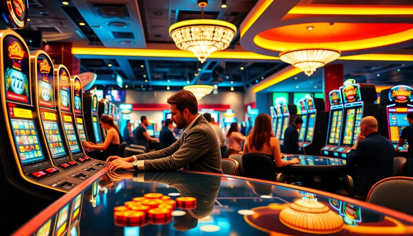 Explore a vibrant non gamstop Casino Uk setting, showcasing lively players enjoying various games.