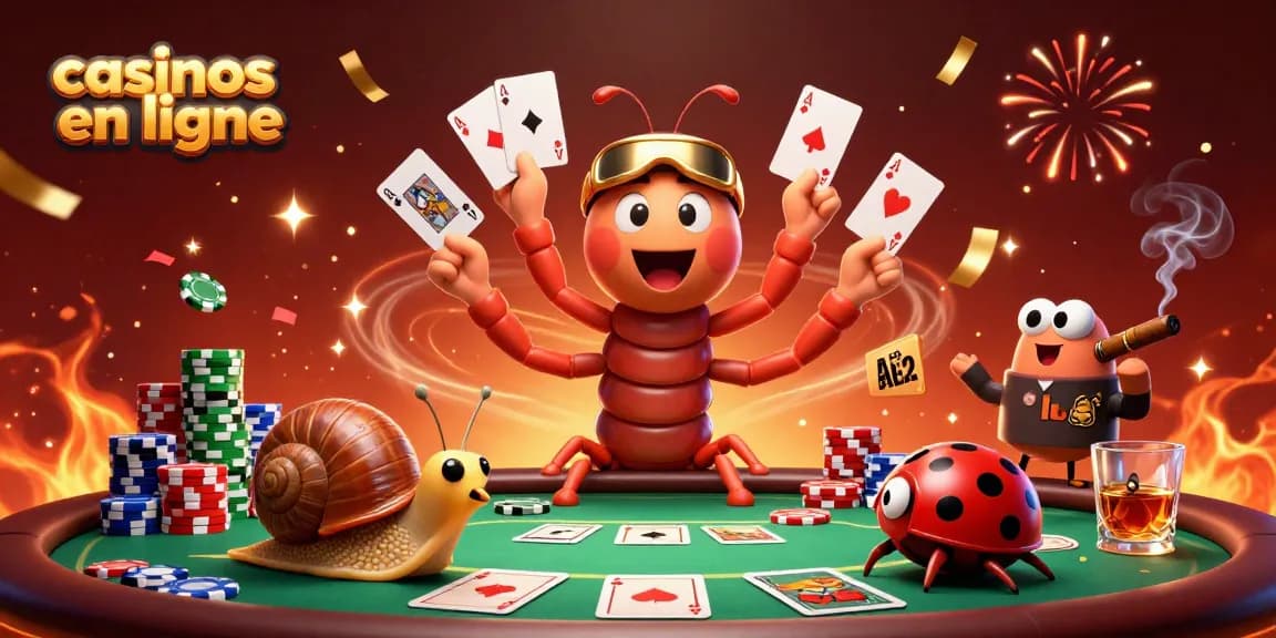 Les casinos en ligne offrent des jeux fascinants, illustrés par un dealer de cartes millipède, un escargot à jetons et un insecte roulant d'excitation.