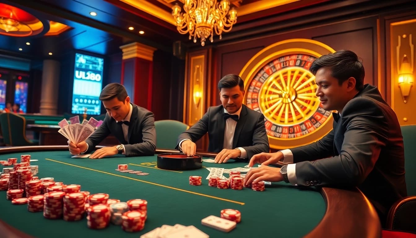 Players enjoying a vibrant UU 88 casino experience at a luxurious poker table.