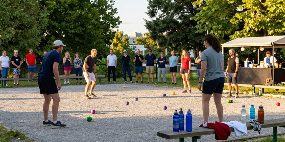Permainan petanque di fopikotamakassar.org saat senja, dengan pemain beragam bersaing di lapangan kerikil.