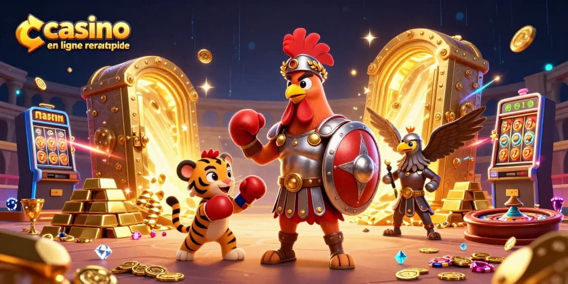Casino en ligne retrait rapide : Une scène vibrante avec un coq gladiateur et un tigre dans une arène de jeux d'argent.