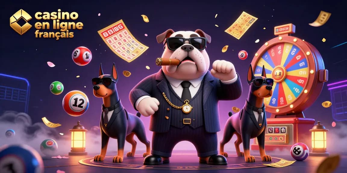 Profitez d'un casino en ligne français avec un bulldog mafieux et des balles de loterie colorées.