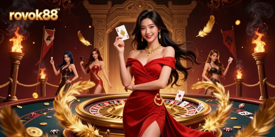 Experience thrilling gameplay with rokok88, featuring a confident Asian woman holding a golden playing card.