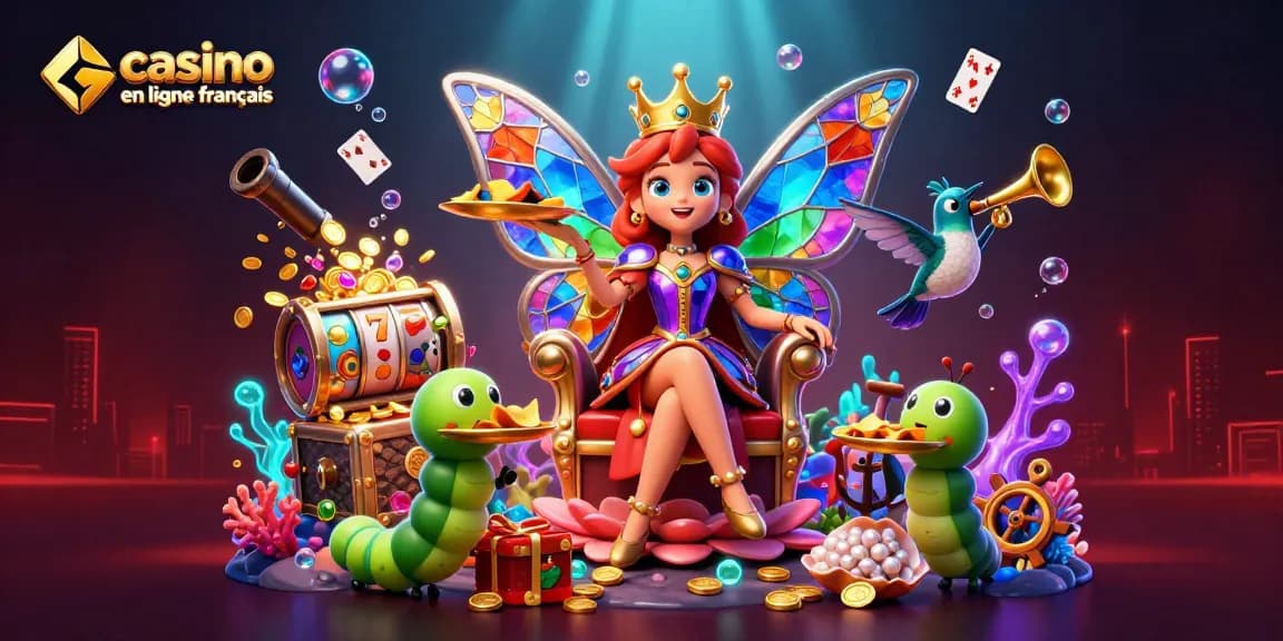 Découvrez un monde de jeux avec casino en ligne français, illustré par une reine papillon au trône floral entourée d'éléments de casino et d'or.