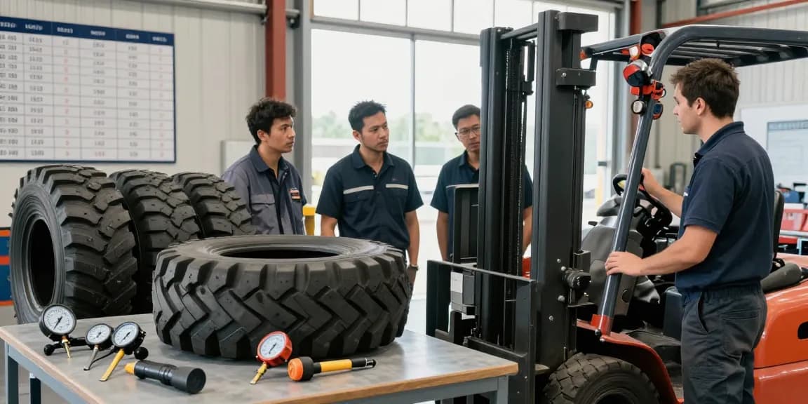 Forklift tyres for sale discussed by technicians in an industrial setting, showcasing solid, pneumatic, and polyurethane options.