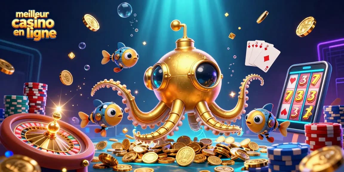 Plongez dans le meilleur casino en ligne avec un kraken doré entouré de pièces d'or et de cartes de poker.