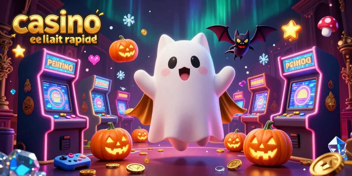 Illustration 3D animée de casino en ligne retrait rapide, avec un chat fantôme et une chauve-souris.