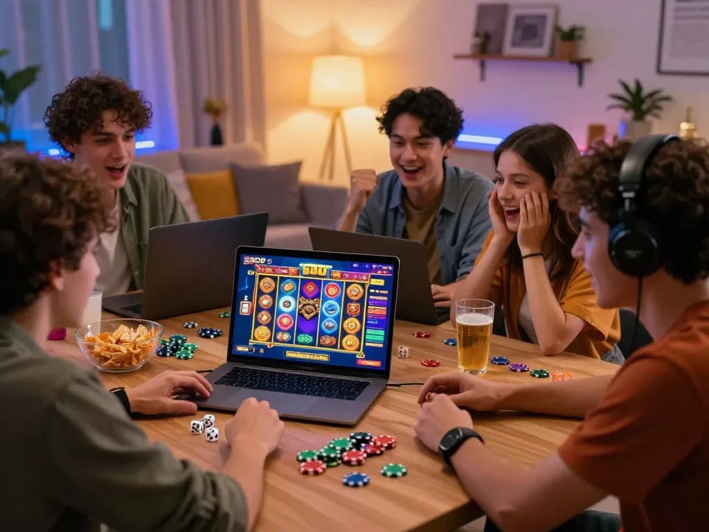 Kumpulan teman yang menarik berinteraksi dengan slot online link gacor di ruang tamu yang nyaman.
