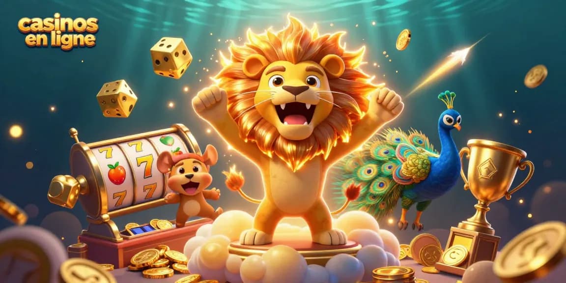 Jouer dans des casinos en ligne en profitant de jackpots avec un lion et des dés en or.