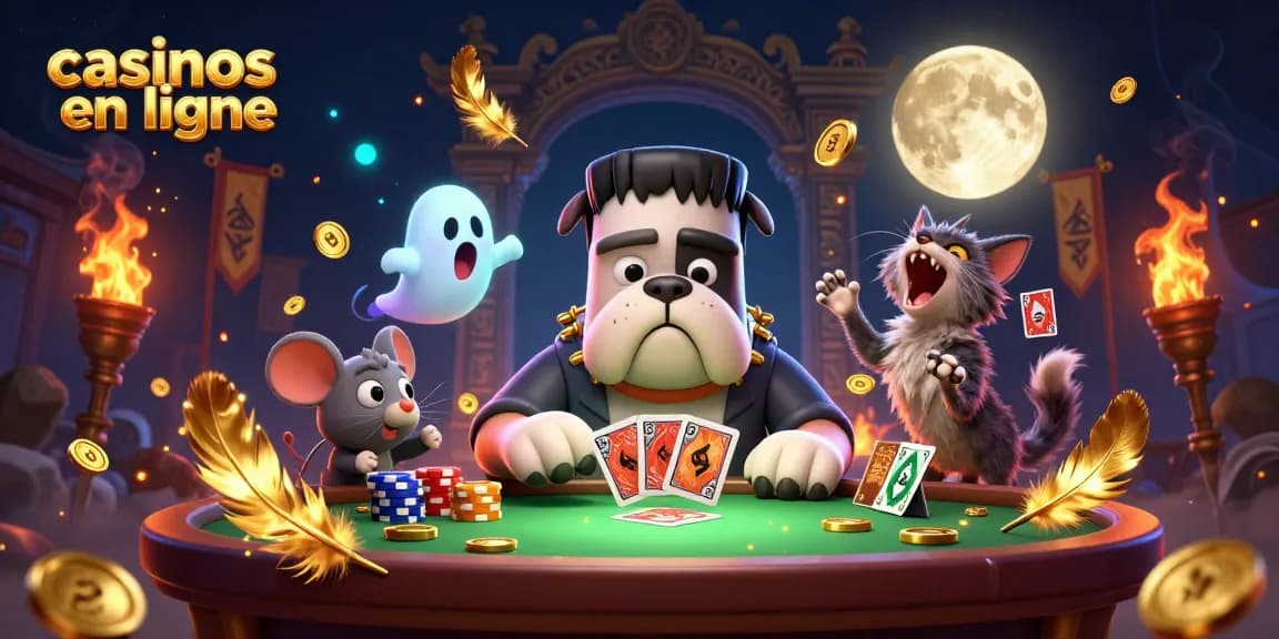 Illustration de casinos en ligne avec un bulldog Frankenstein et un chat loup à une table de jeu immersive.