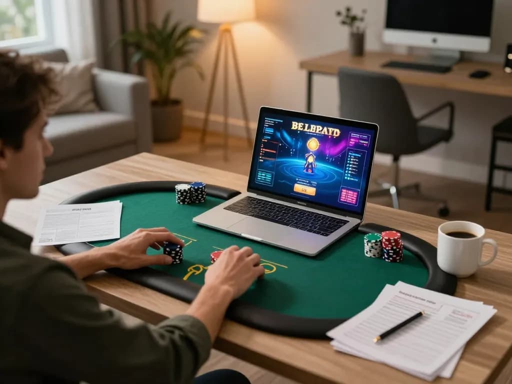 Engaging in a poker game on 58win with strategic notes and warm lighting