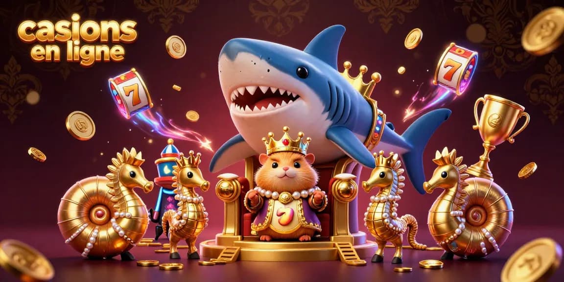 Illustration dynamique illustrant les casinos en ligne avec un roi hamster doré, des gardes hippocampes, et des éléments de machines à sous.