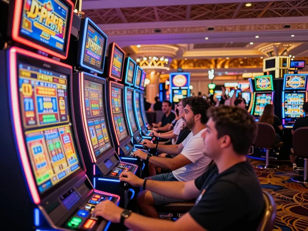 Excited players engaging with colorful slot machines in a vibrant casino atmosphere