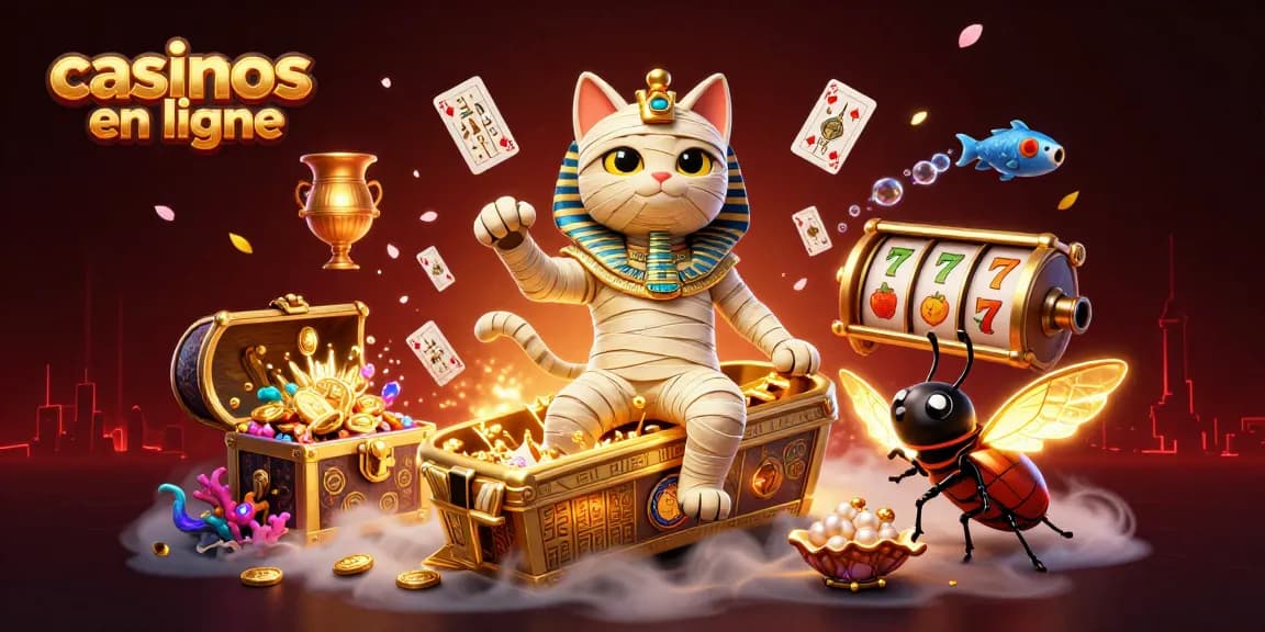 Illustration captivante d'un casino en ligne avec un chat momie et un scarabée, représentant les jeux de hasard.