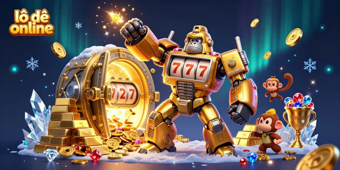 Experience thrilling lô đề online action with a dynamic 3D illustration showcasing a golden gorilla mech amidst treasure!