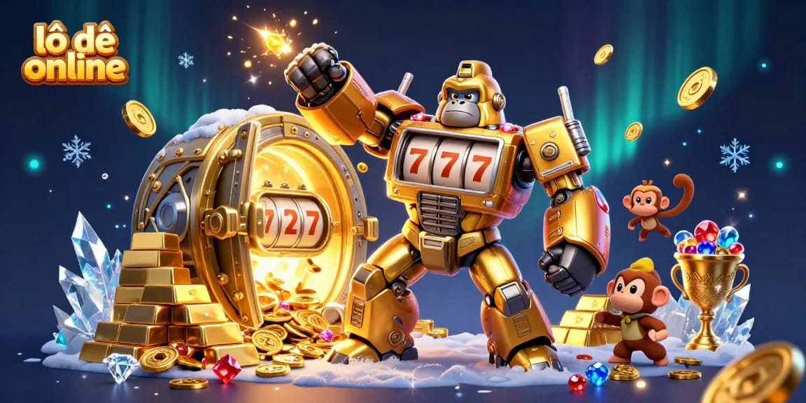 Experience thrilling lô đề online action with a dynamic 3D illustration showcasing a golden gorilla mech amidst treasure!