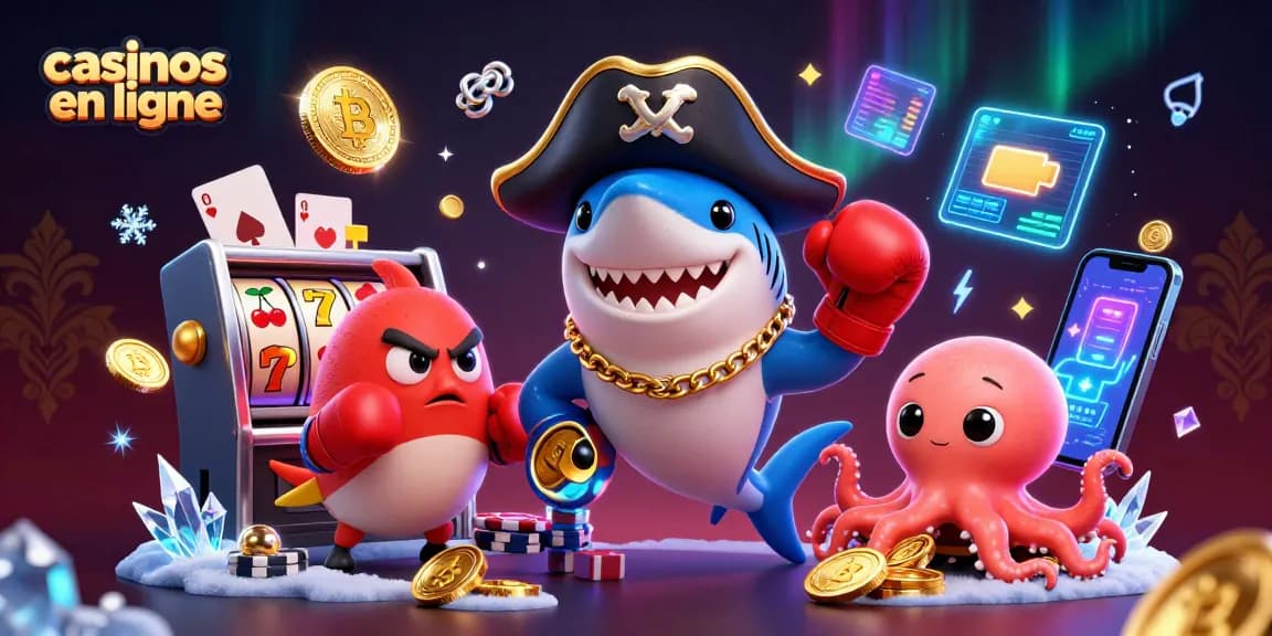 Gagnez aux casinos en ligne avec une illustration animée de requin pirate, poisson-globe et pieuvre.