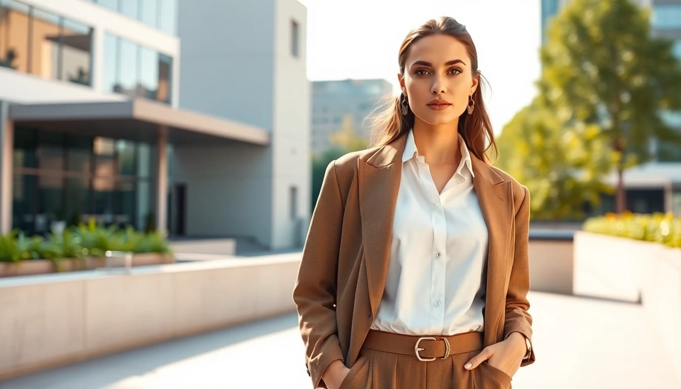 Showcasing the Rivelle brand with a stylish model in an elegant urban setting.