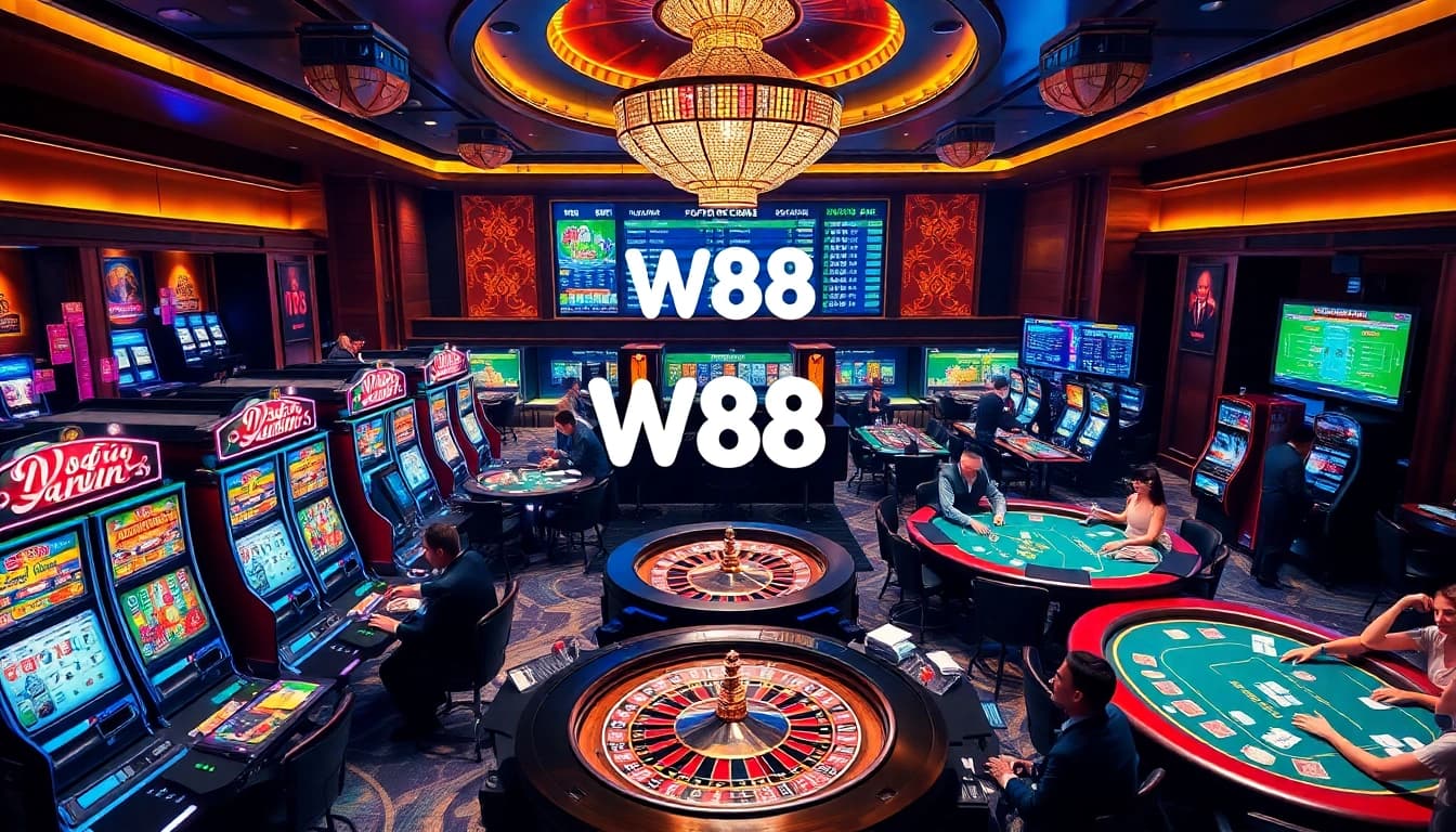 Experience luxury gaming with W88 link in a vibrant casino scene filled with slot machines and poker tables.