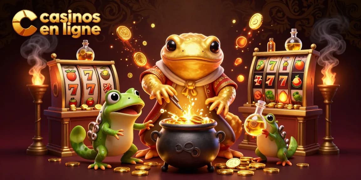 Gagnez aux casinos en ligne avec une scène dynamique d'alchimistes transformant les métaux en pièces d'or.
