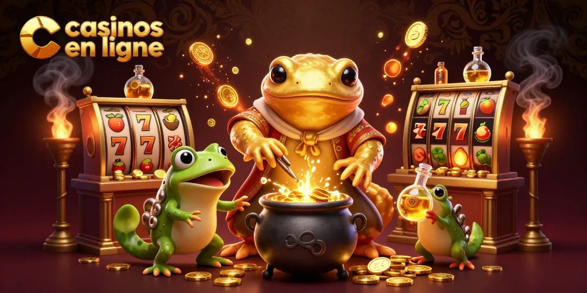 Gagnez aux casinos en ligne avec une scène dynamique d'alchimistes transformant les métaux en pièces d'or.