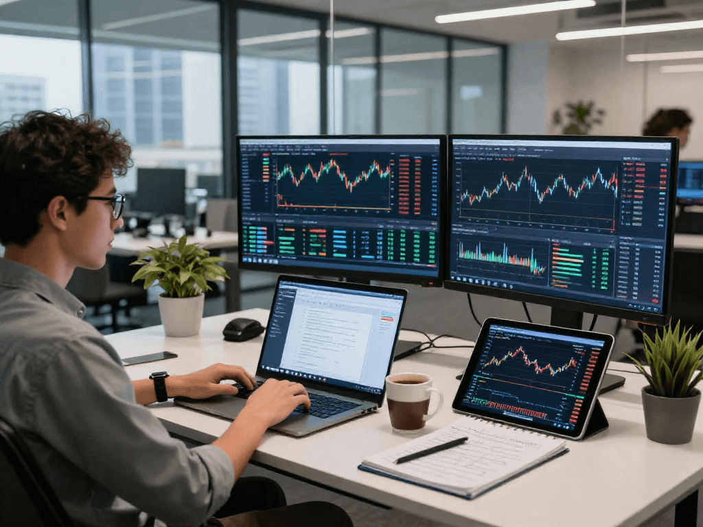 Visual of a developer utilizing index constituent stocks API in a modern workspace filled with financial data and analysis tools