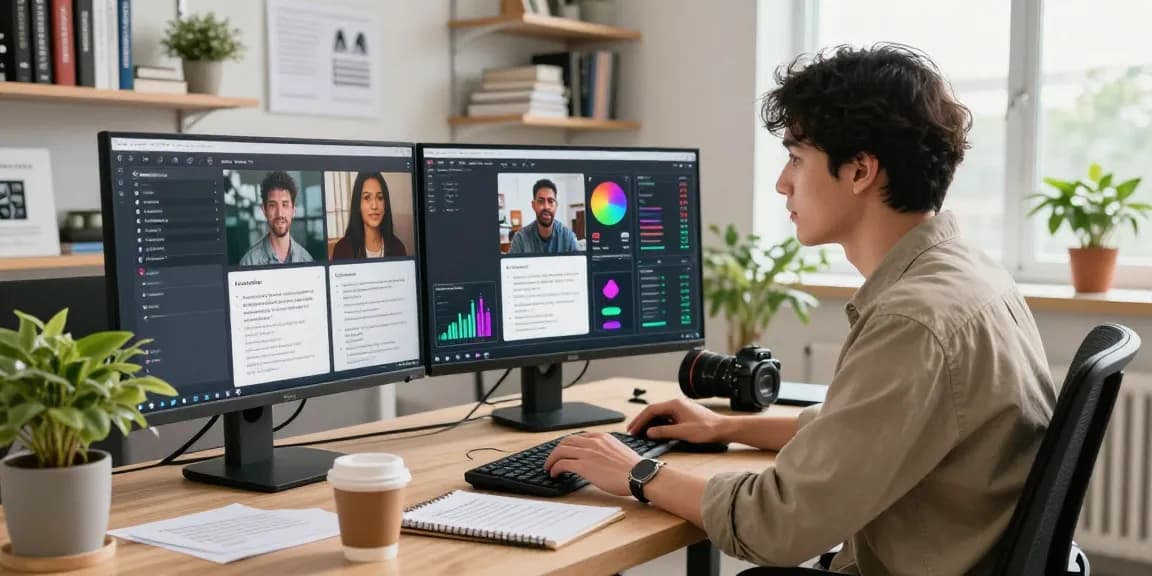Detect AI image in a modern digital moderation workspace showcasing a focused content moderator analyzing images and text.