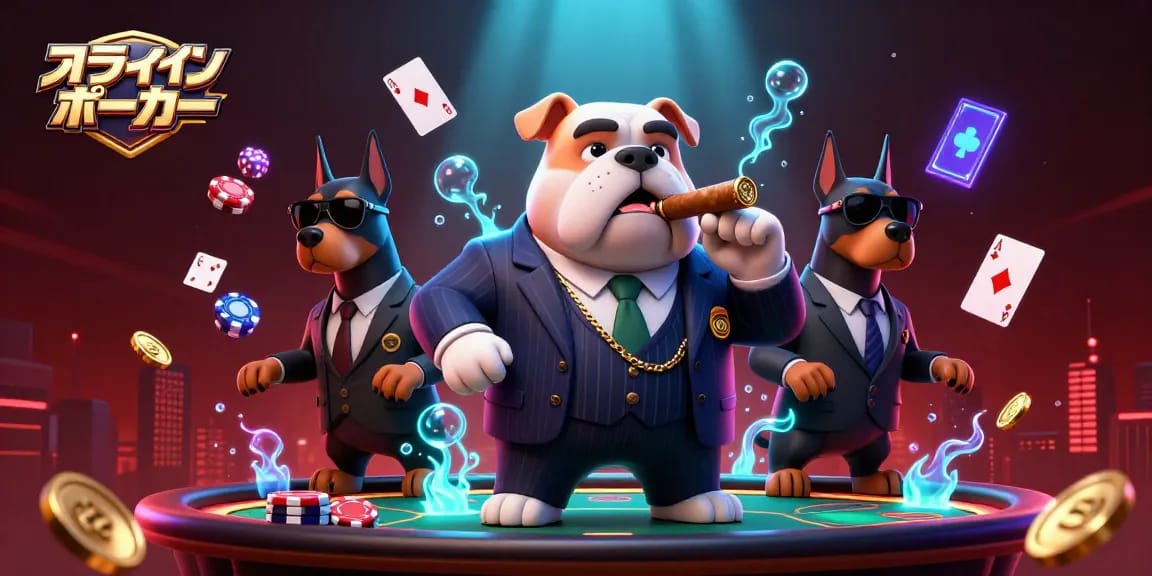 オンライン ポーカーのテーブル上で盛り上がるキャラクターたちが、リアルなポーカー体験を楽しむシーン
